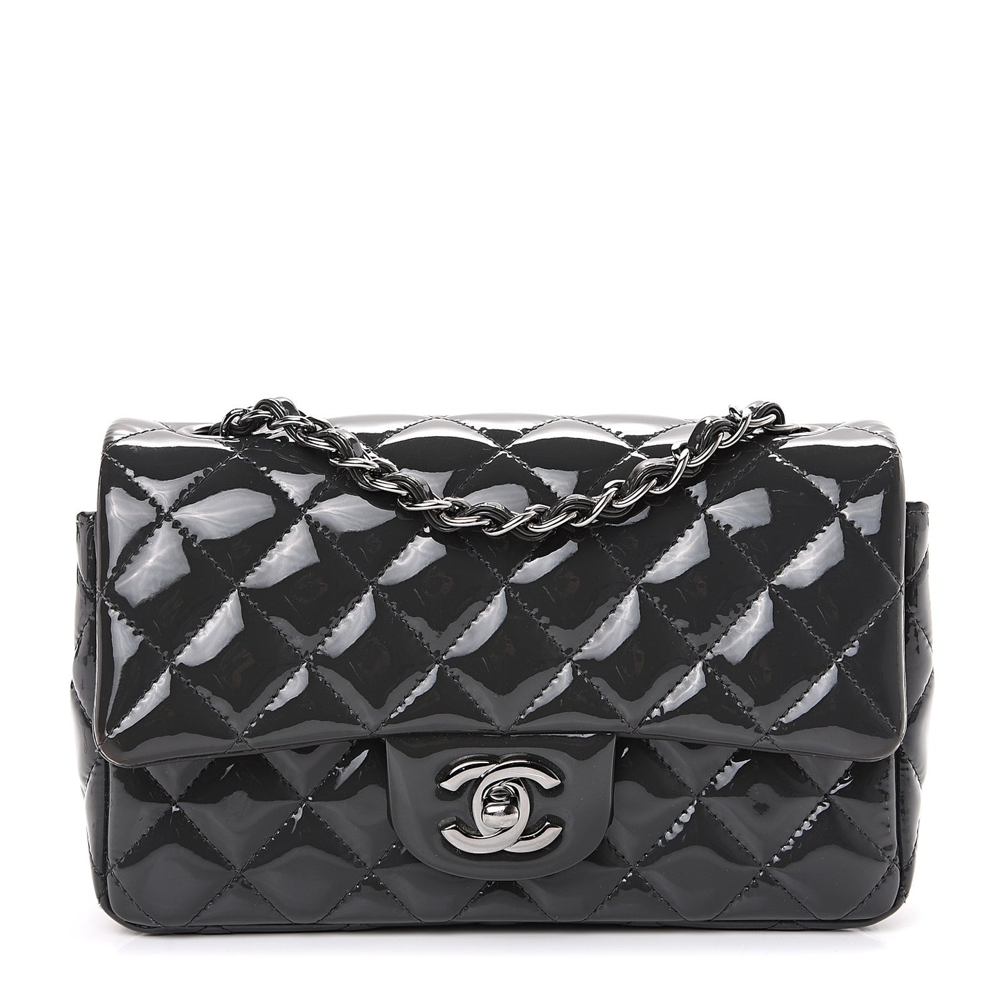 Patent Calfskin Quilted Mini Rectangular Flap Dark Grey