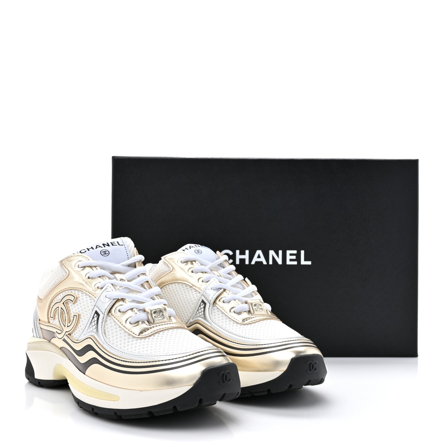 Chanel Fabric Laminated Calfskin Stretch CC Womens Sneakers 36 White Gold Silver 10 of 10