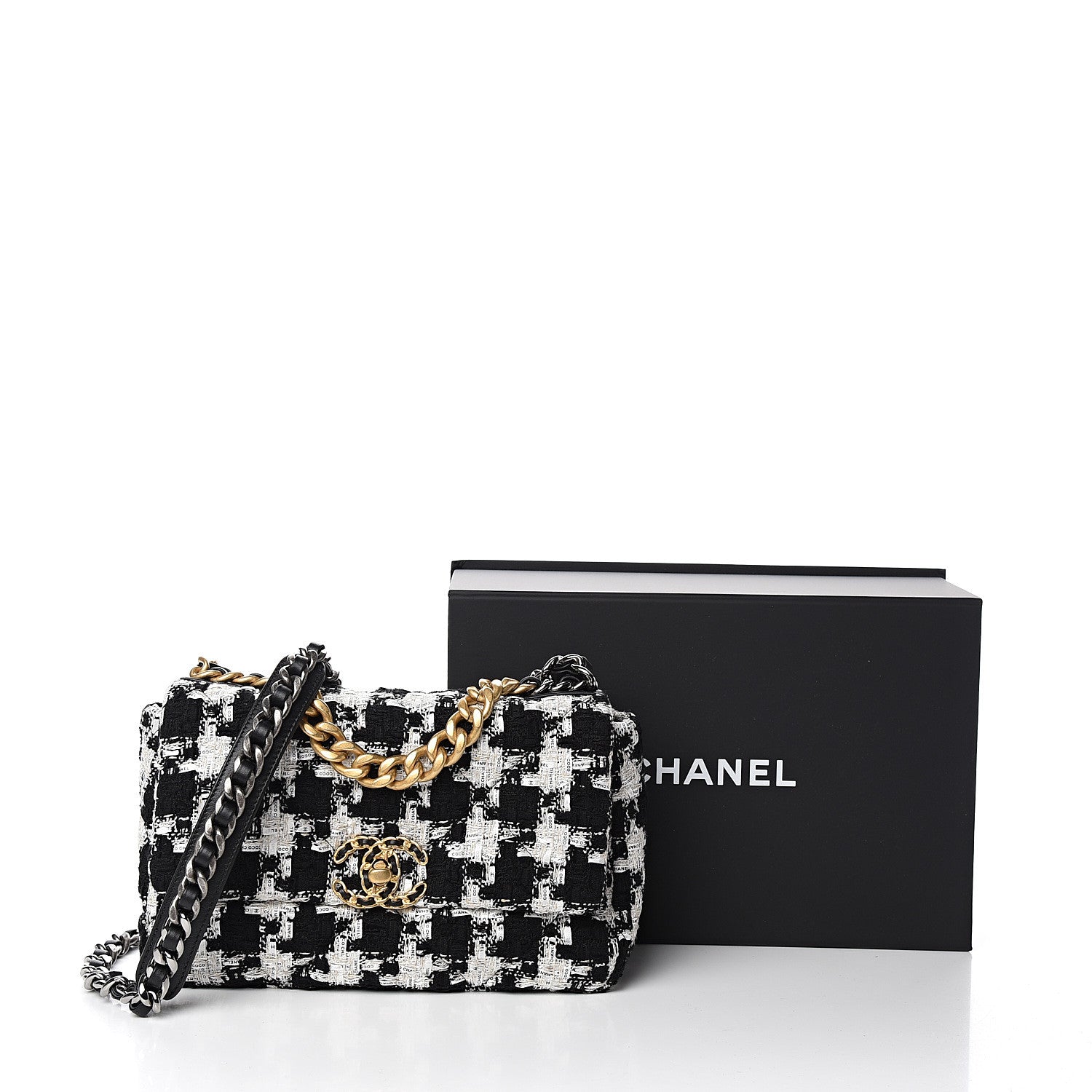 Chanel Tweed Quilted Medium 19 Flap Black Ecru White 10 of 10