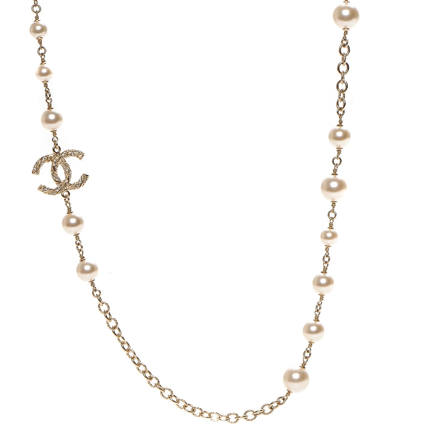 Graduated Pearl Crystal Twisted CC Long Necklace Gold