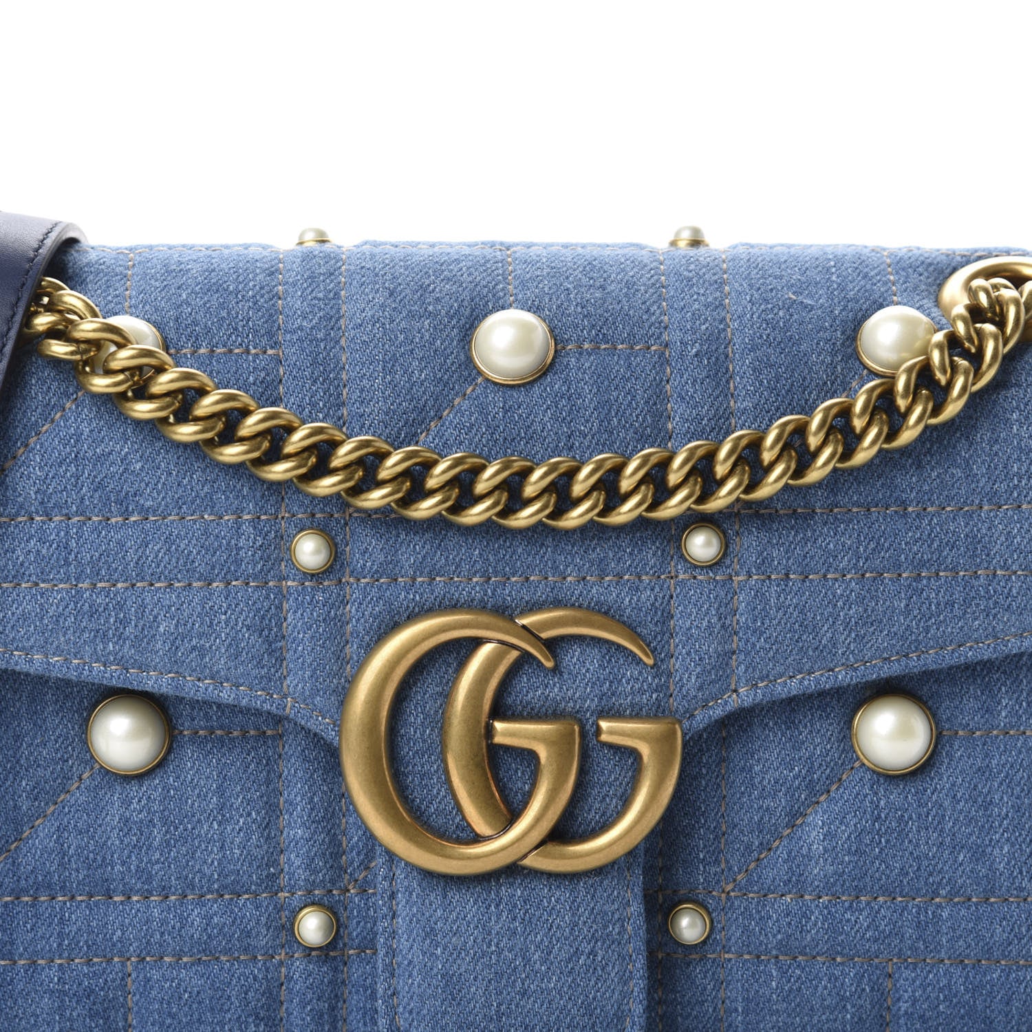 Gucci Denim Matelasse Pearl Studded Small GG Marmont Shoulder Bag Blue 10 of 10
