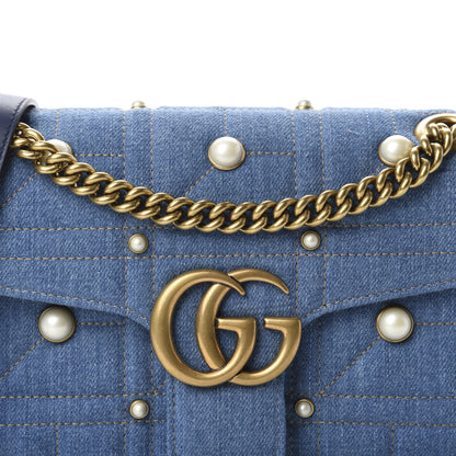 Gucci Denim Matelasse Pearl Studded Small GG Marmont Shoulder Bag Blue 10 of 10
