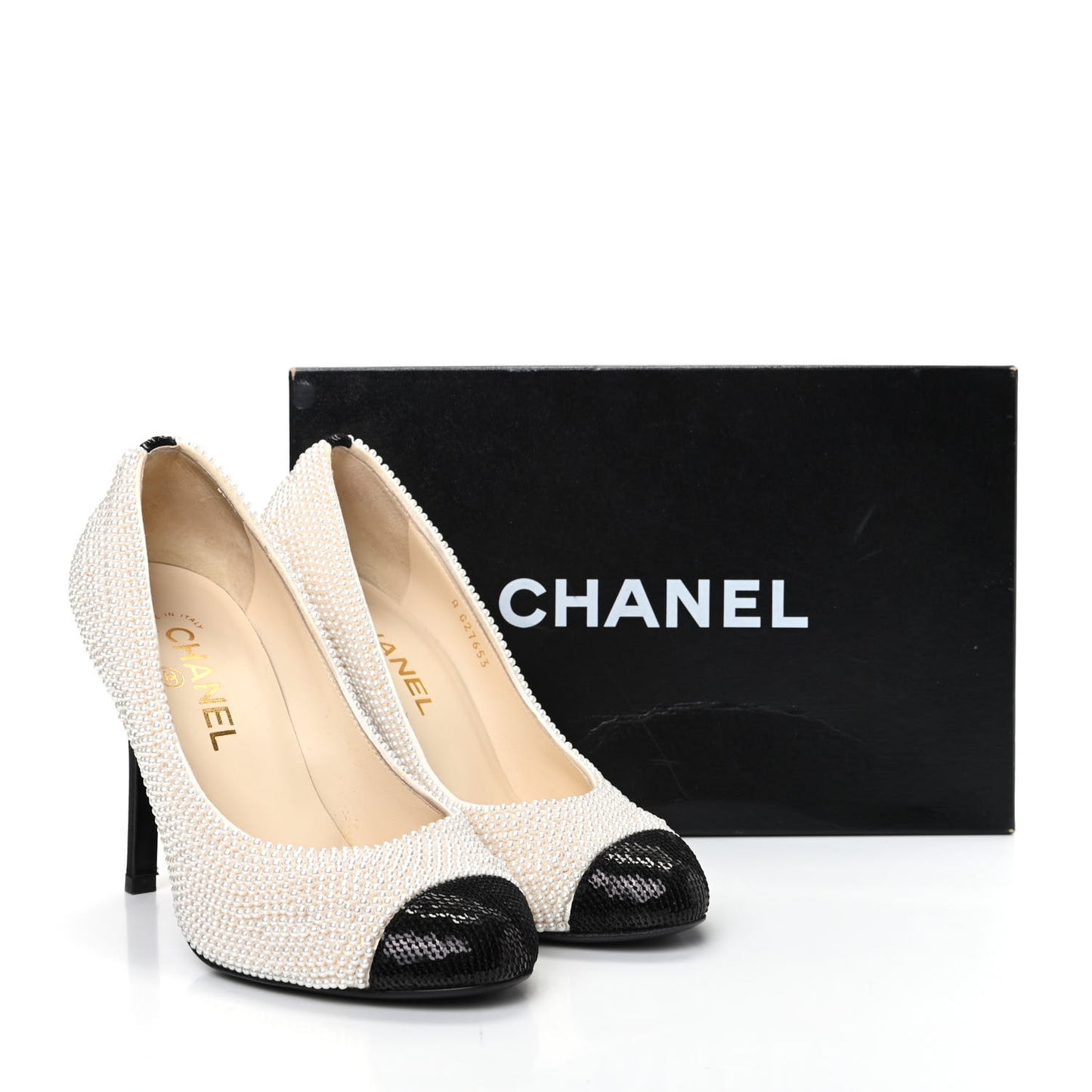 Pearl Sequins Cap Toe Pumps 37.5 Beige Black