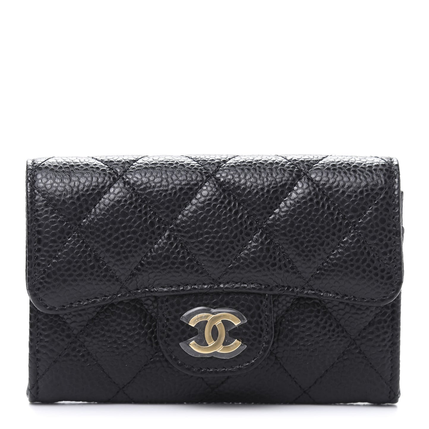 Caviar Quilted Flap Card Holder Wallet Black