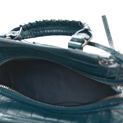 Balenciaga Calfskin Crocodile Embossed Neo Classic Silver Hardware Mini City Dark Petrol Blue 5 of 9