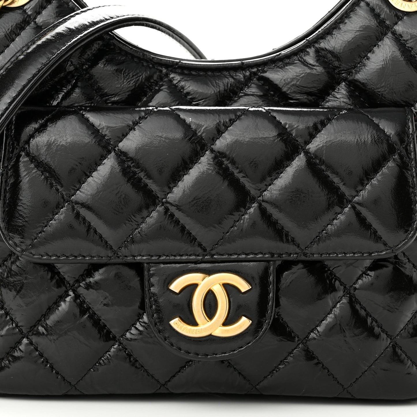 Shiny Crumpled Calfskin Quilted Small Wavy CC Hobo Black