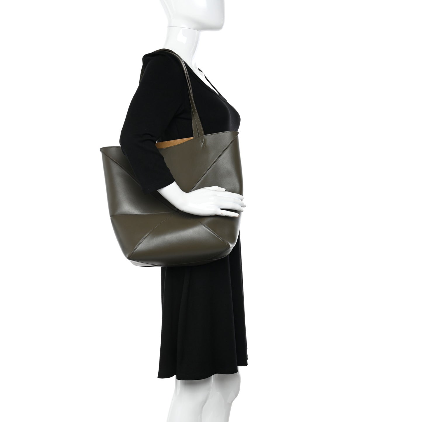 Shiny Calfskin Puzzle Fold Tote Dark Khaki Green