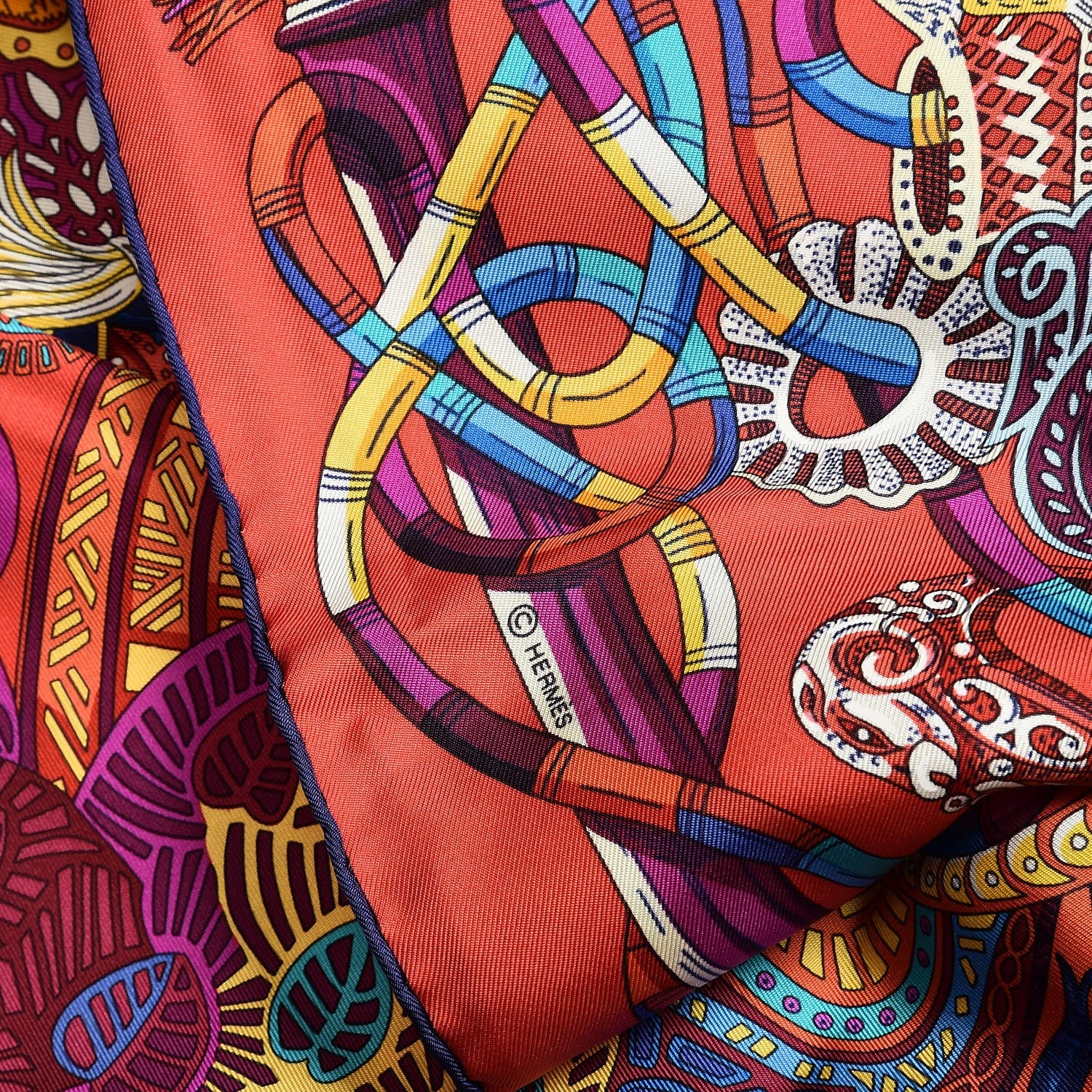 Hermes Silk Au Fil Du Carre Scarf 90 Rouge Violet Turquoise 5 of 7