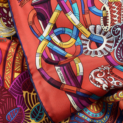 Hermes Silk Au Fil Du Carre Scarf 90 Rouge Violet Turquoise 5 of 7