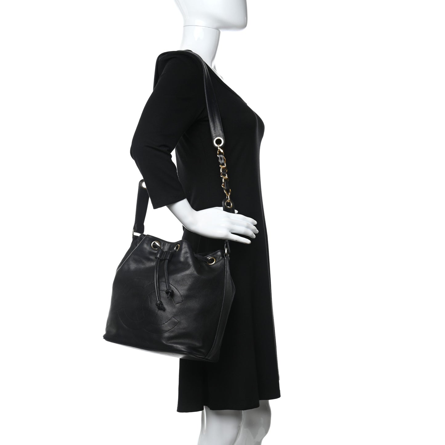 Lambskin CC Stitched Drawstring Bucket Bag Black