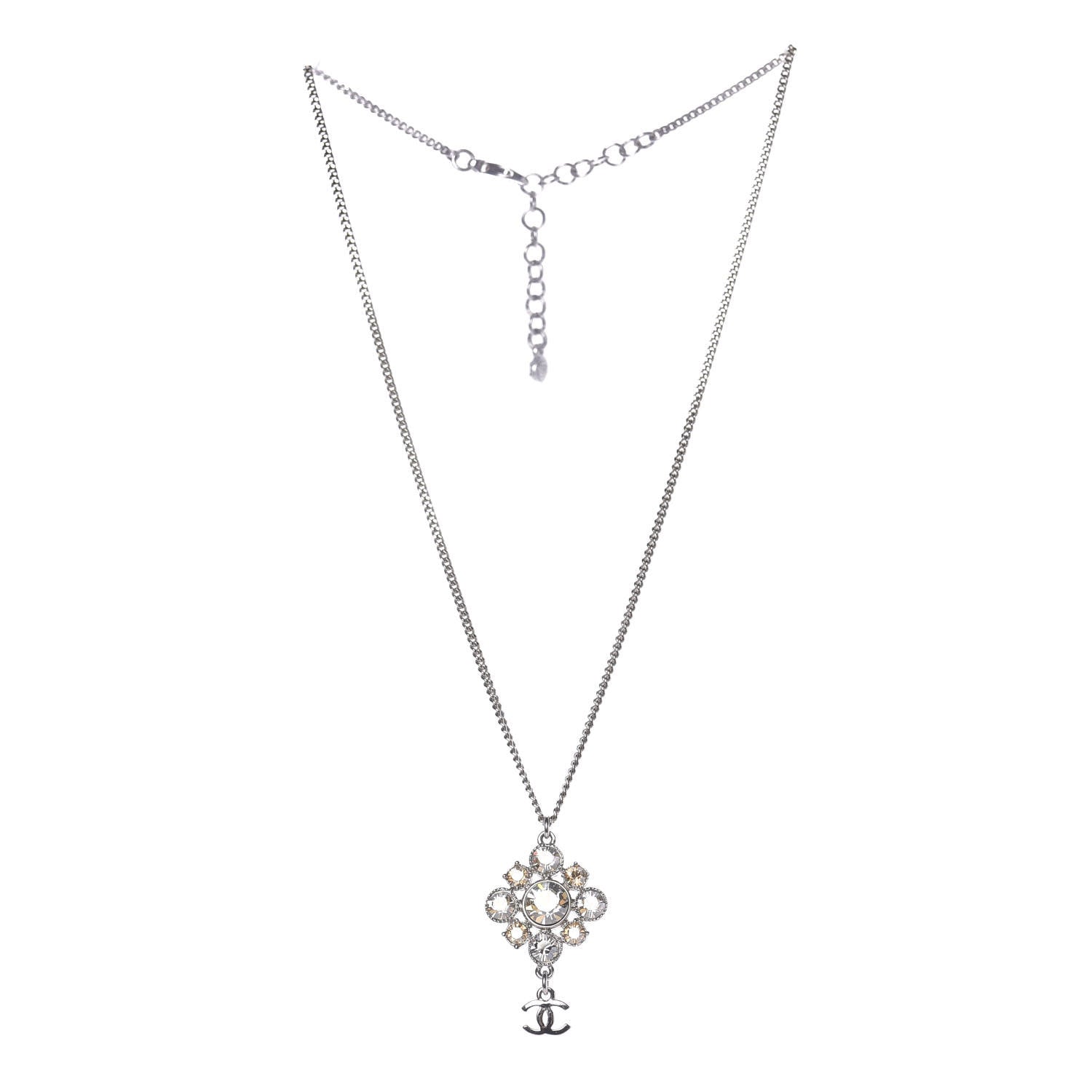 Chanel Crystal CC Drop Pendant Necklace Silver 3 of 6