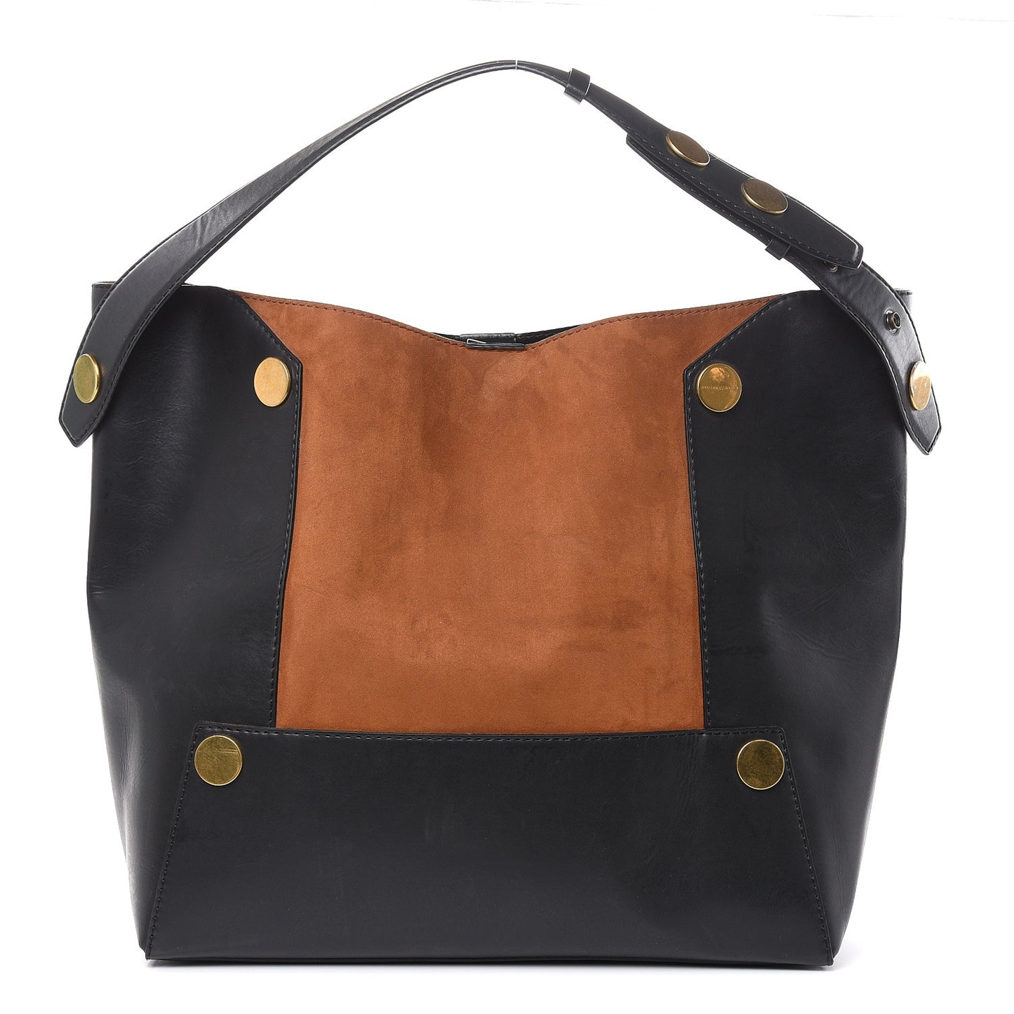 Textured Eco Alter Nappa Suede Studded Large Bucket Bag Black Tan