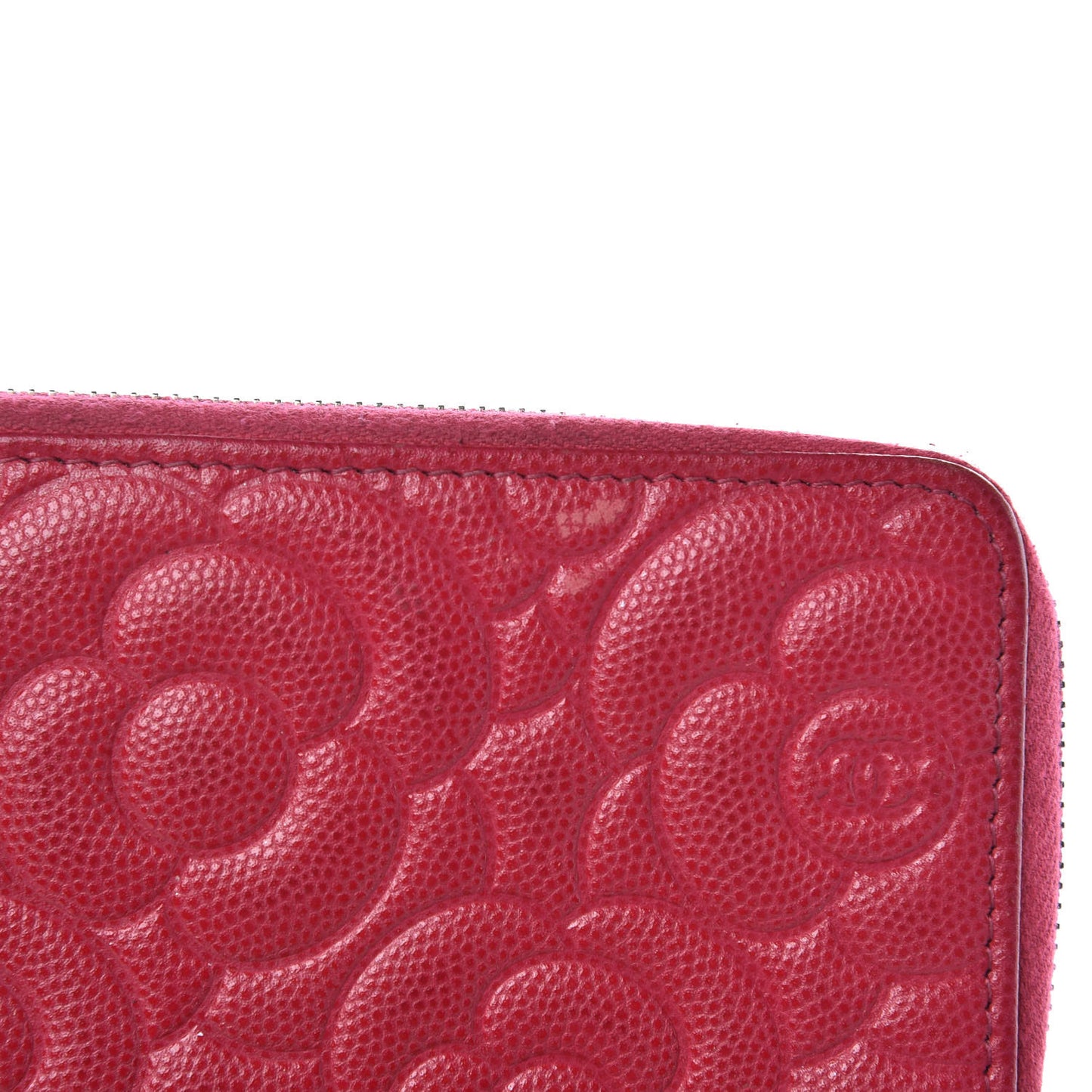 Caviar Camellia Embossed Small Zip Around Wallet Dark Pink