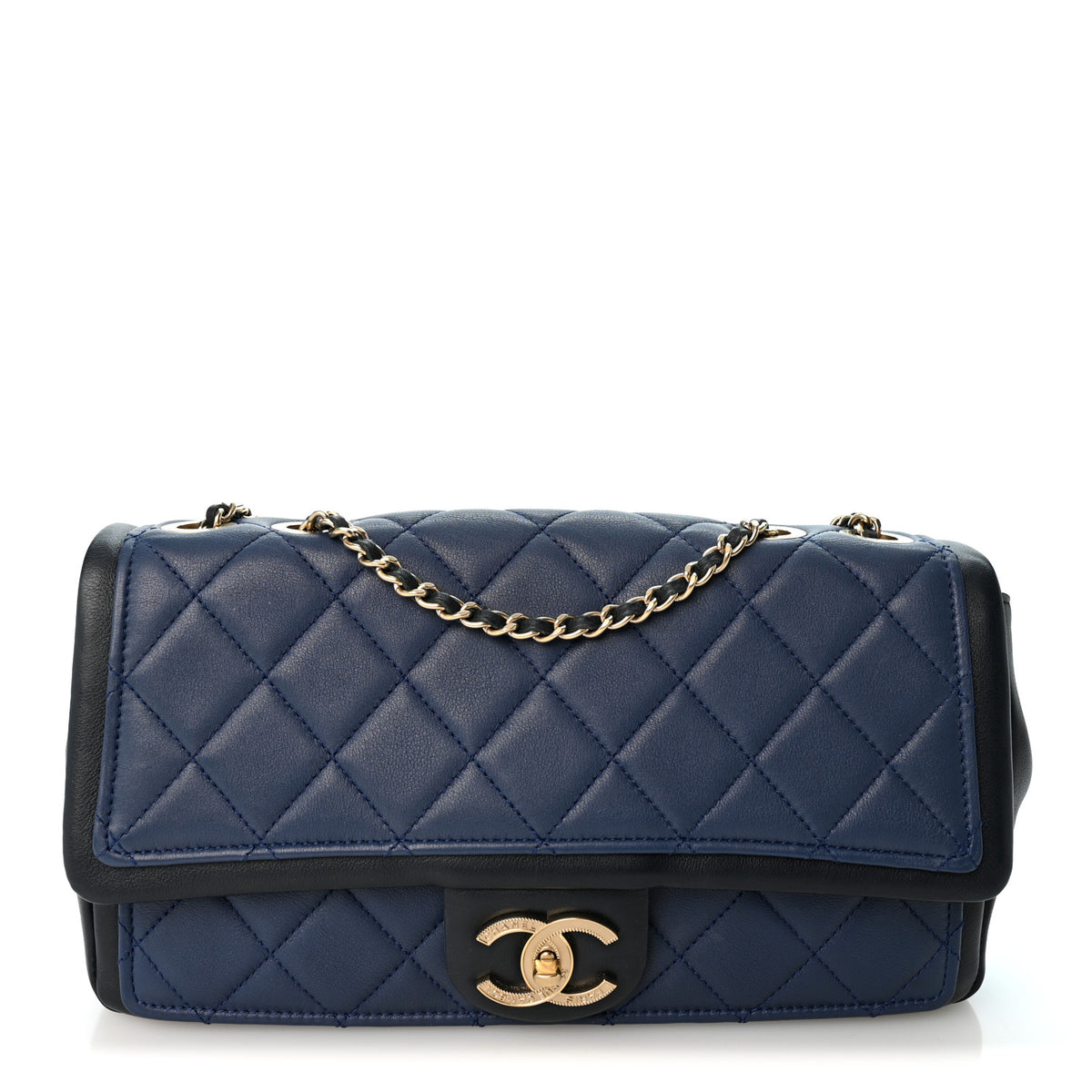 Lambskin Quilted Medium Graphic Flap Navy Black