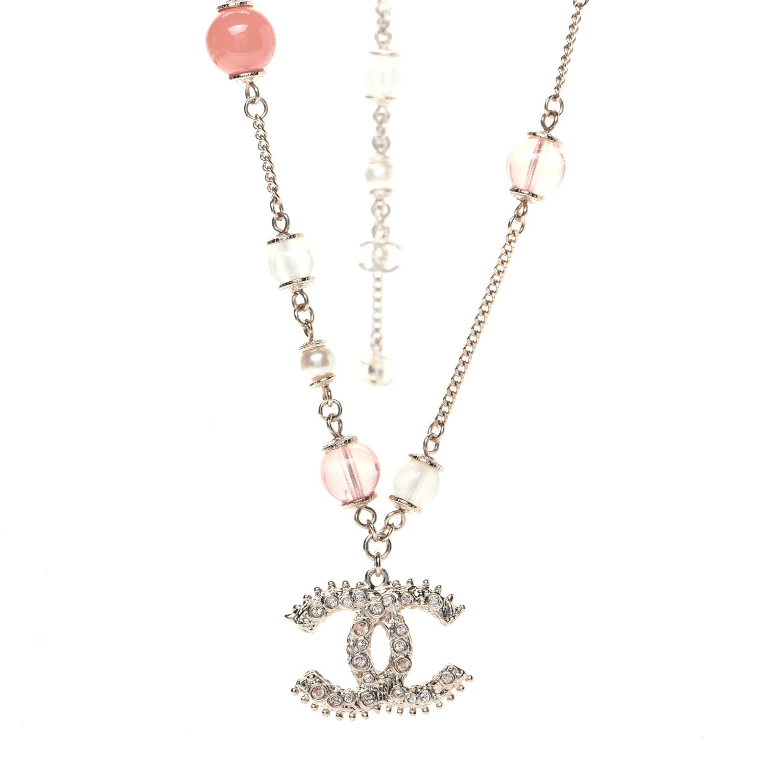 Chanel Beaded Pearl Crystal CC Long Necklace Gold Coral 1 of 7