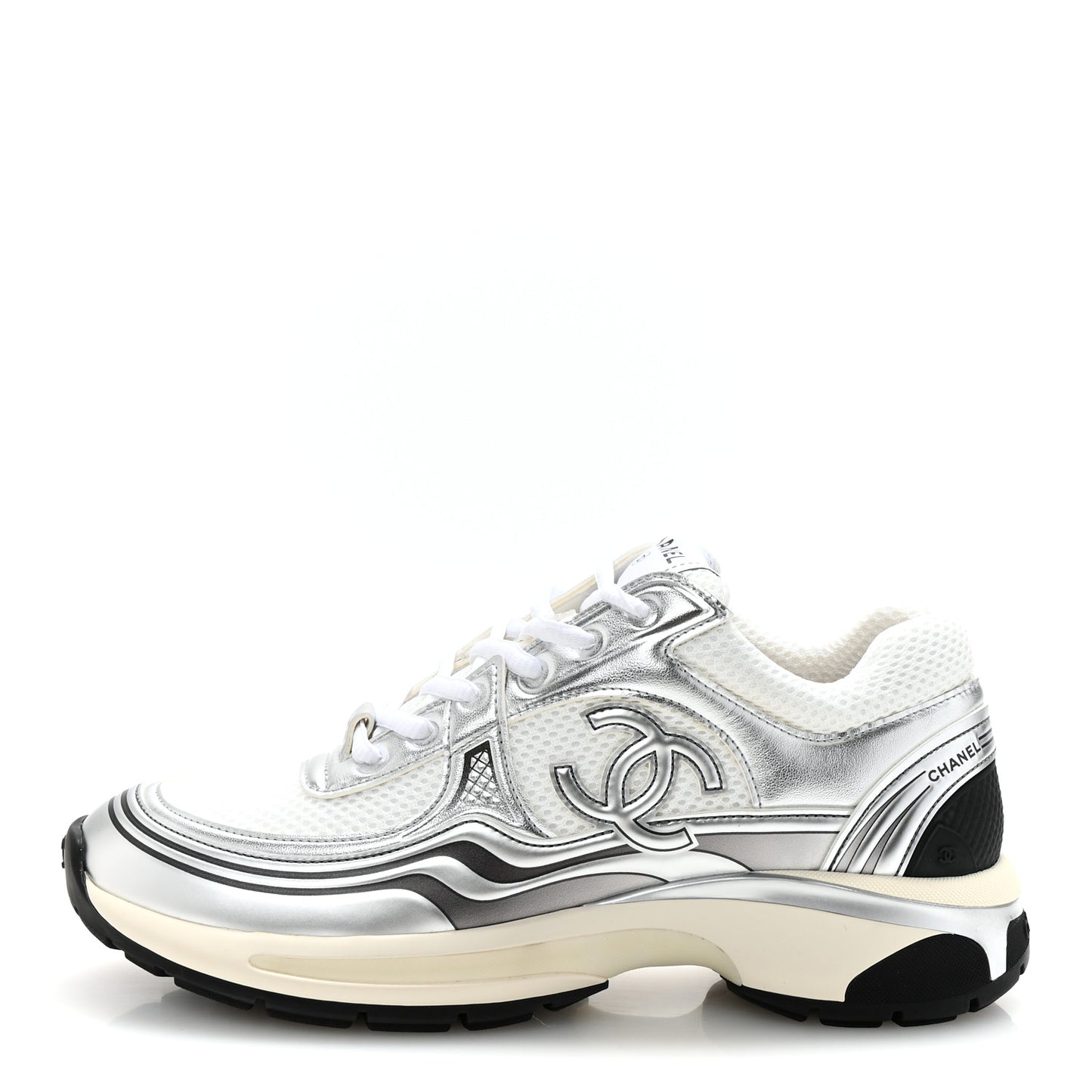 Fabric Laminated Calfskin Stretch CC Womens Sneakers 38.5 Ivory White Silver