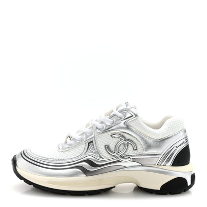 Chanel Fabric Laminated Calfskin Stretch CC Womens Sneakers 38.5 Ivory White Silver 1 of 10