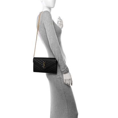Saint Laurent Grain De Poudre Matelasse Chevron Monogram Chain Wallet Black 2 of 10