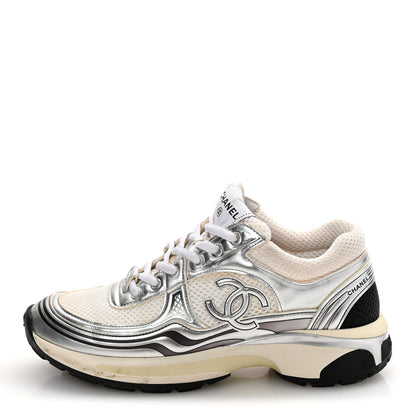 Chanel Fabric Laminated Calfskin Stretch CC Sneakers 37 White Silver 1 of 10