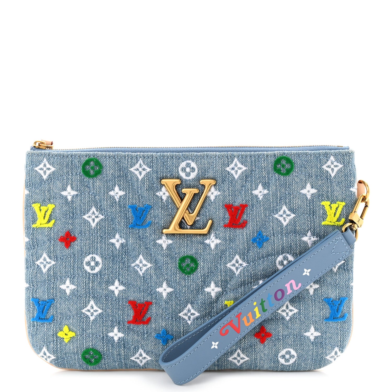 Louis Vuitton Embroidered Monogram Denim New Wave Zipped Pochette Blue 1 of 7
