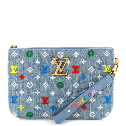 Louis Vuitton Embroidered Monogram Denim New Wave Zipped Pochette Blue 1 of 7
