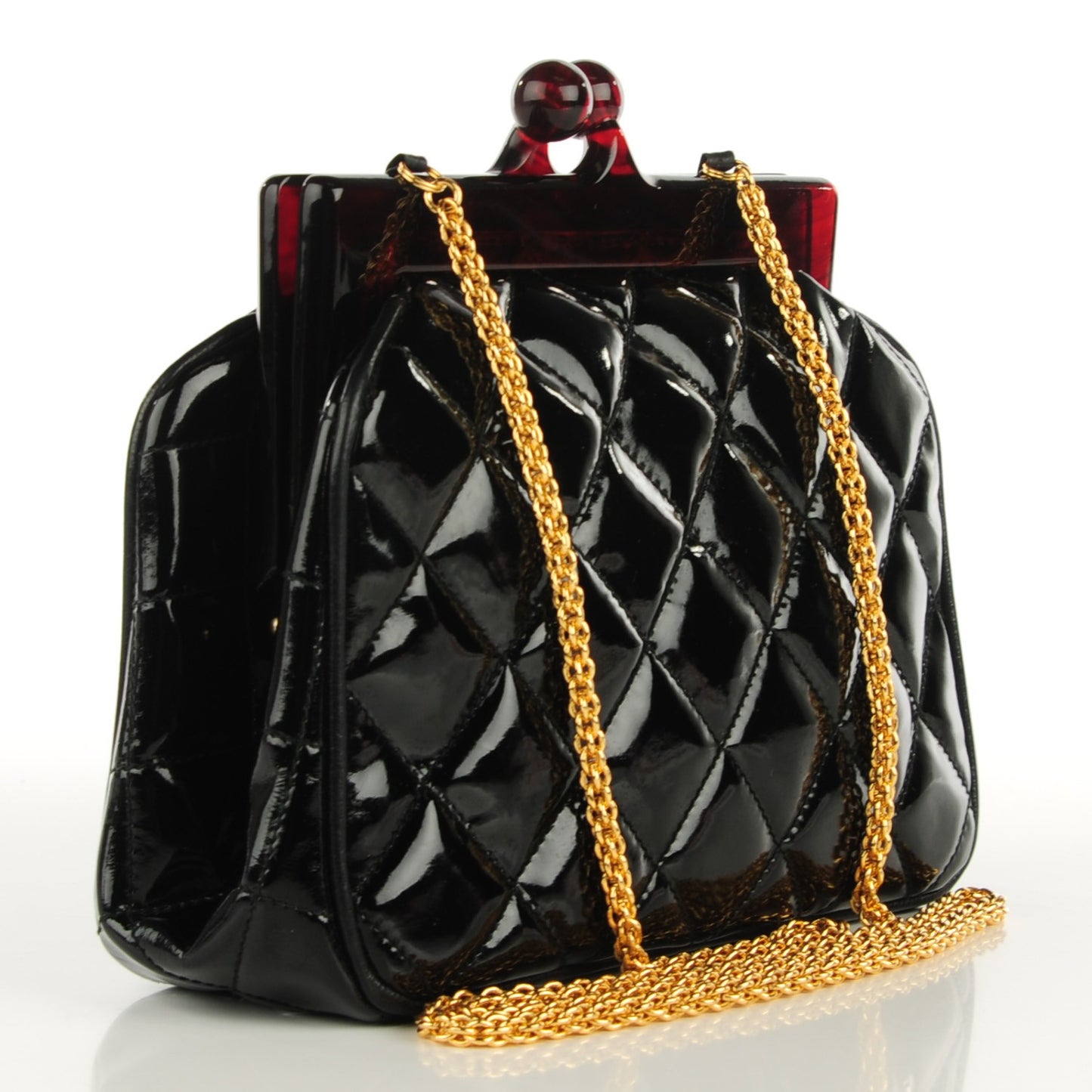 Patent Quilted Bijoux Chain Kiss Lock Frame Evening Bag Black
