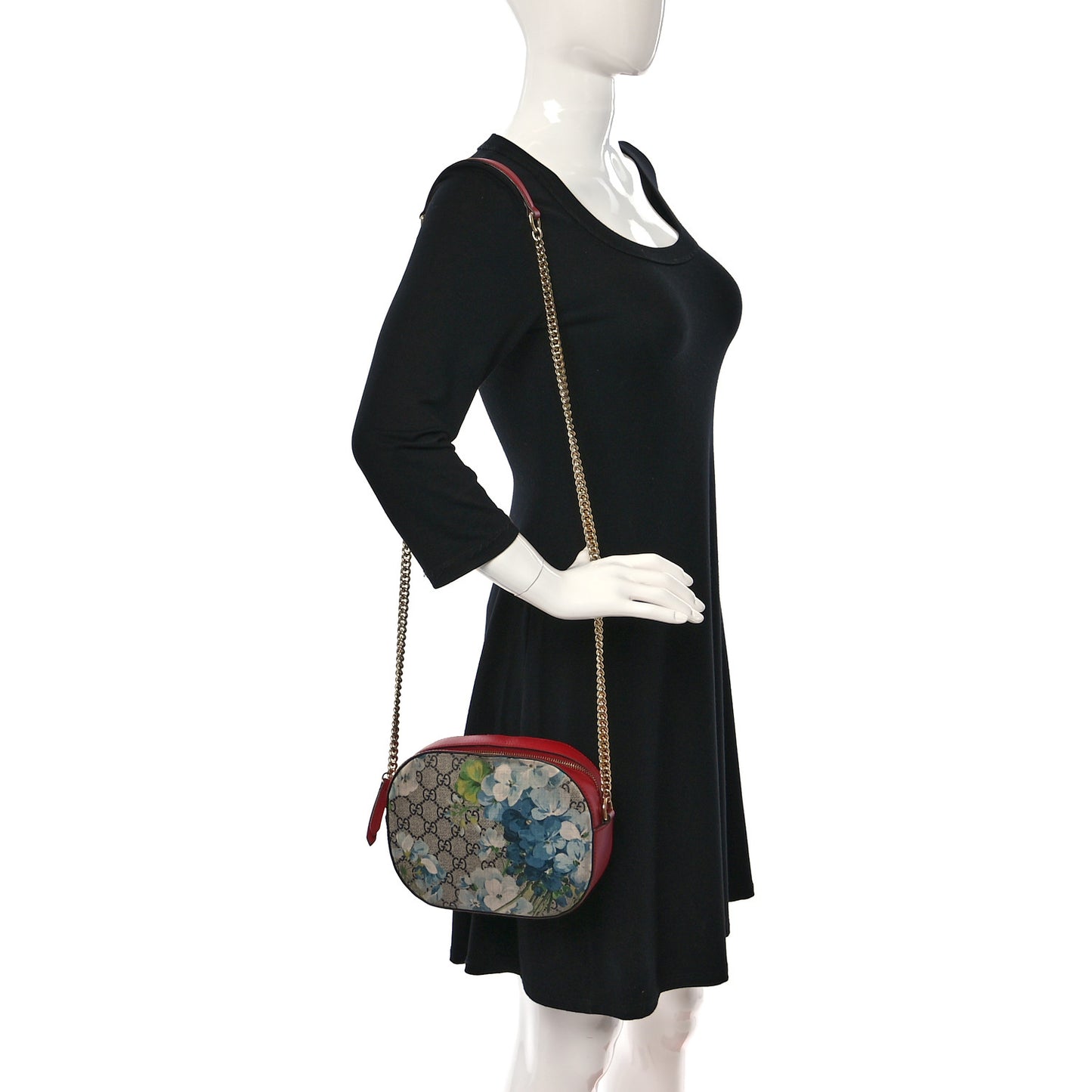 GG Supreme Monogram Blooms Mini Chain Shoulder Bag Beige Blue Navy Hibiscus Red
