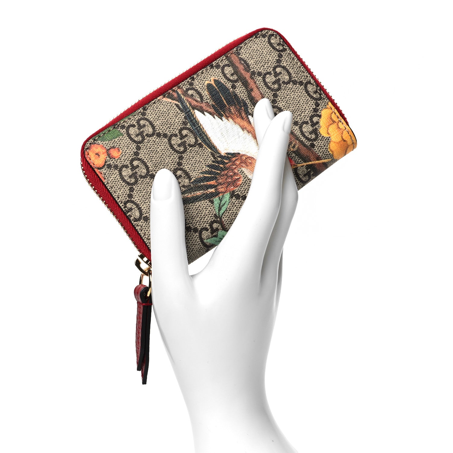 Gucci GG Supreme Monogram Tian Zip Around Card Case Wallet Beige Multicolor Red 2 of 10