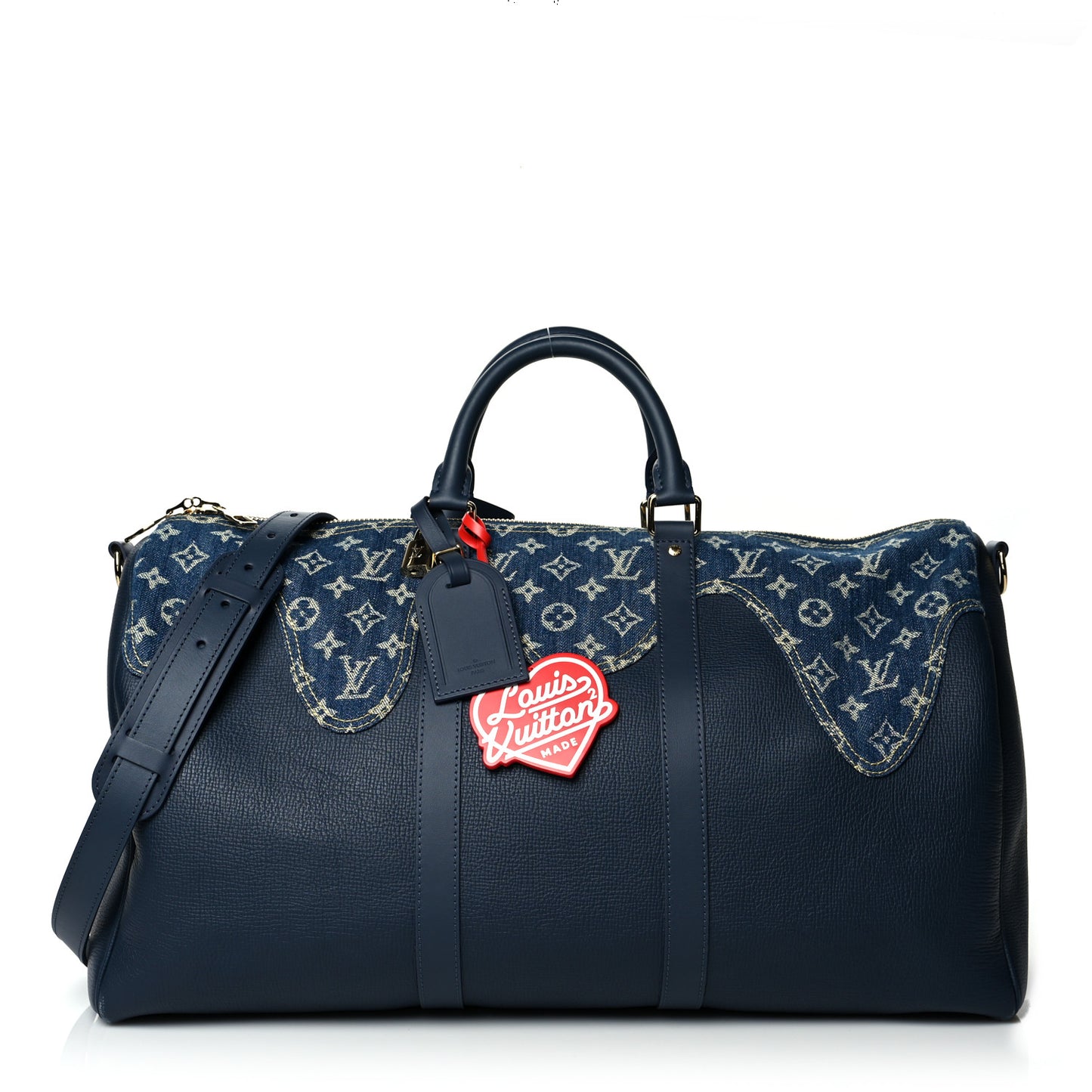 X NIGO Taurillon Monogram Denim Drip Keepall Bandouliere 50 Blue