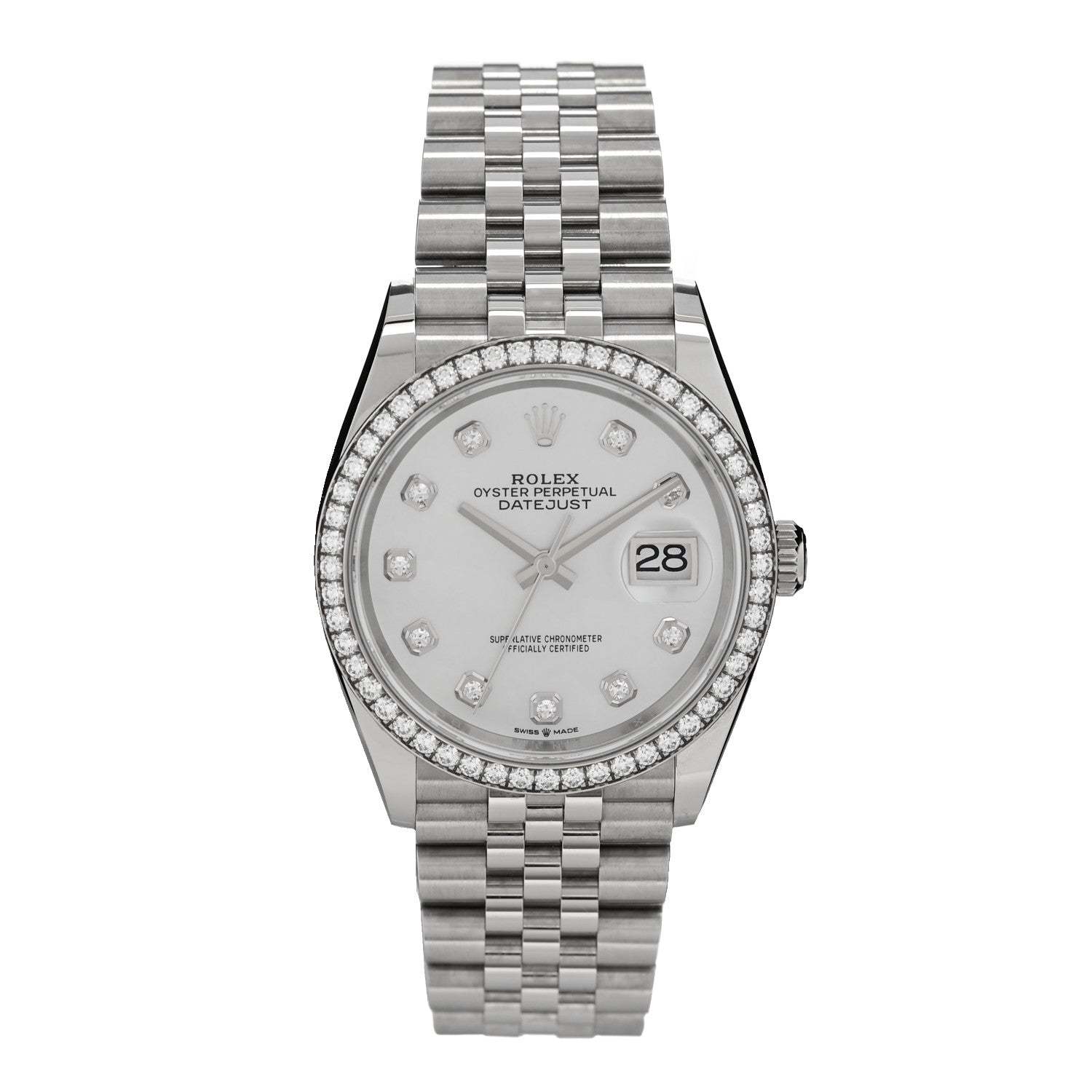 Rolex Stainless Steel 18K White Gold Diamond Bezel Mother of Pearl 36mm Oyster Perpetual Datejust Watch 126284RBR 1 of 6