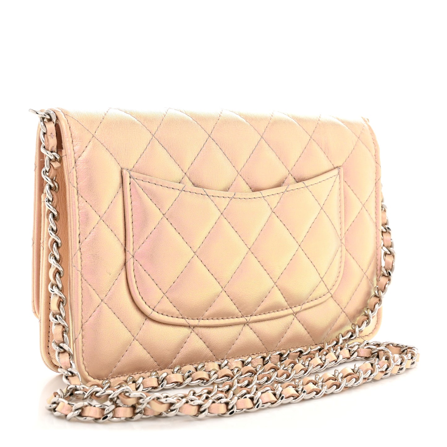 Iridescent Calfskin Quilted Wallet On Chain WOC Pink
