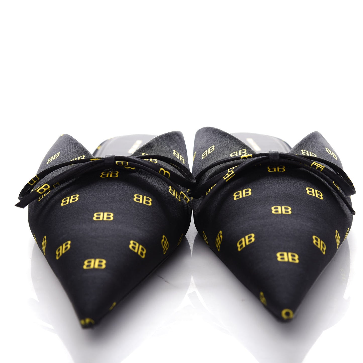 Crepe Satin BB Printed Pointy Toe Knife Flat Mules 39 Black Yellow Fluo
