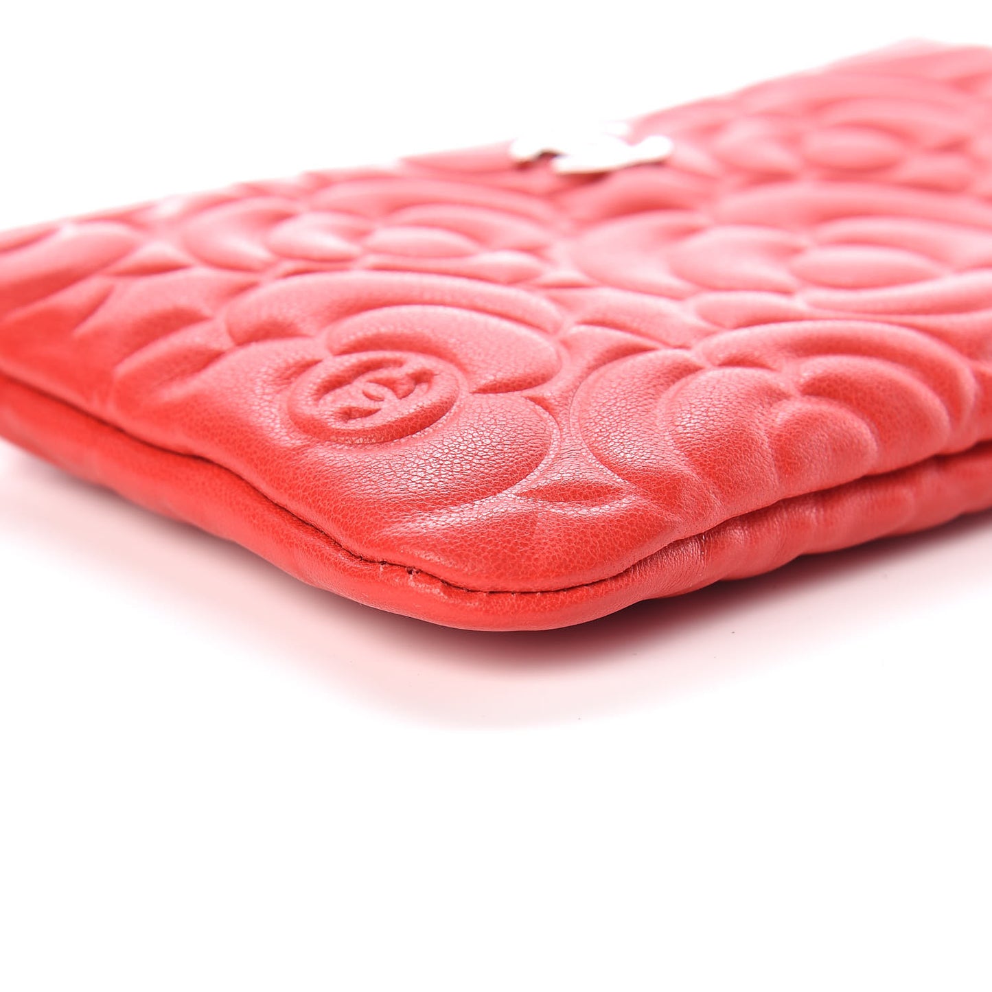 Goatskin Camellia Embossed Cosmetic Pouch Red