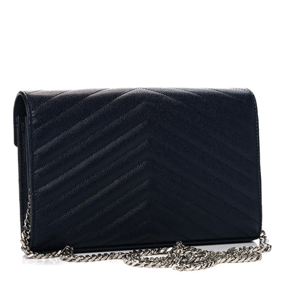 Saint Laurent Grain De Poudre Matelasse Chevron Monogram Chain Wallet Deep Marine 3 of 11