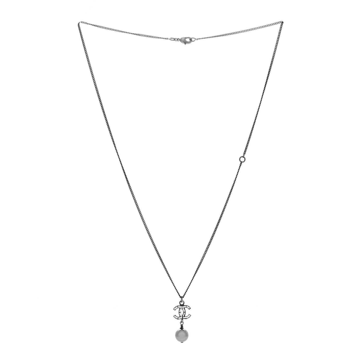 Chanel Baguette Crystal CC Pearl Drop Necklace Ruthenium Black 2 of 3