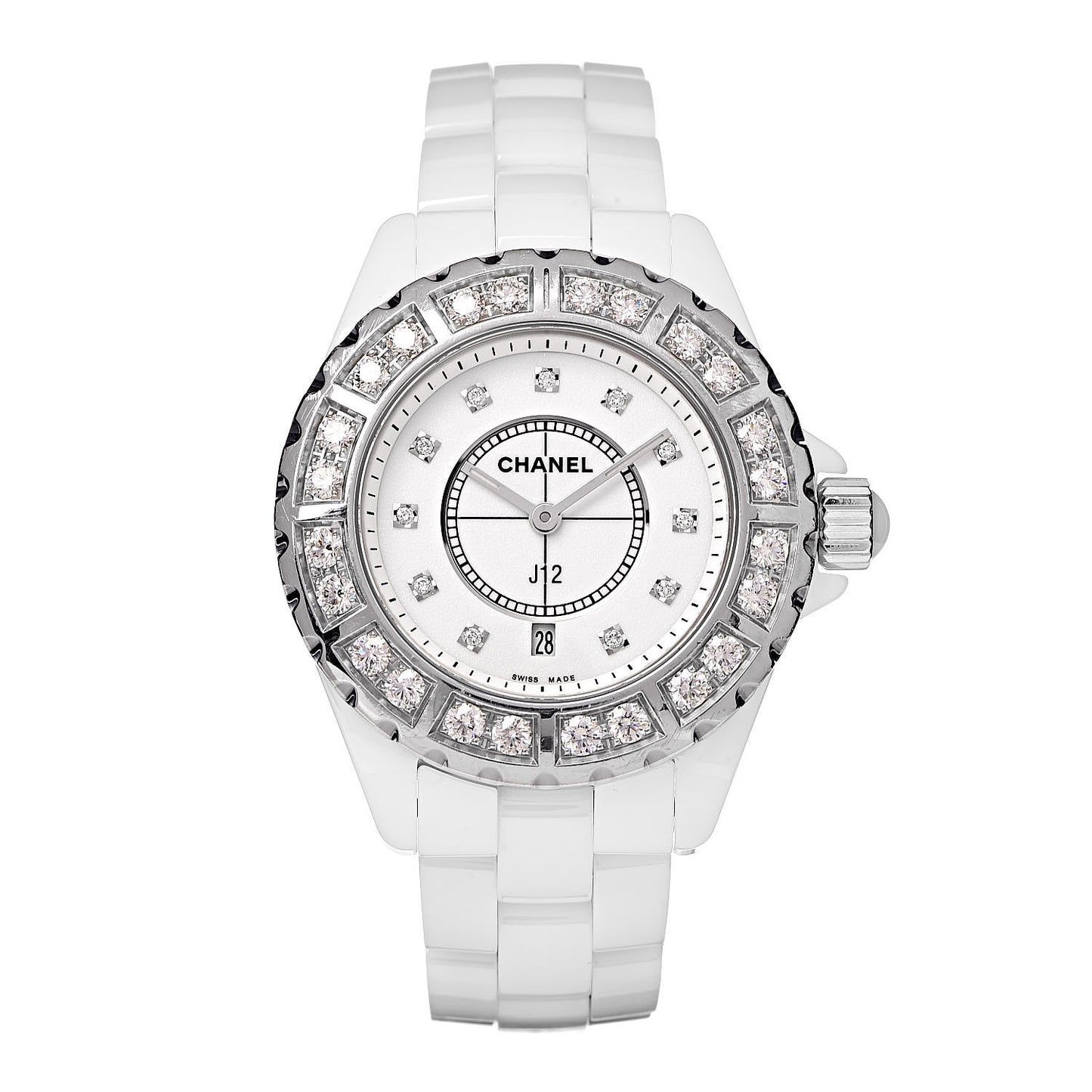 Stainless Steel Ceramic Diamond 33mm J12 Quartz Watch White