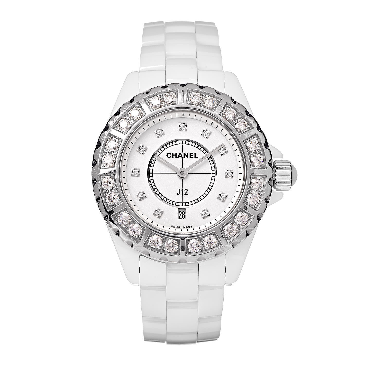Chanel Stainless Steel Ceramic Diamond 33mm J12 Quartz Watch White 1 of 8
