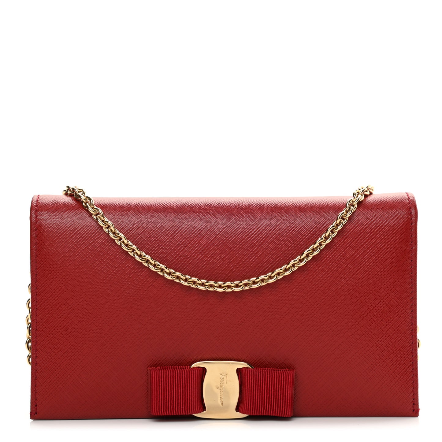 Hammered Calfskin Vara Bow Chain Wallet Red