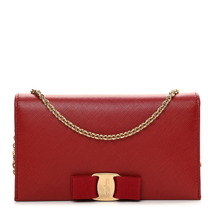 Salvatore Ferragamo Hammered Calfskin Vara Bow Chain Wallet Red 1 of 10