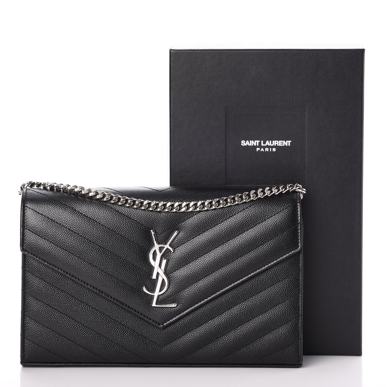 Saint Laurent Grain De Poudre Matelasse Chevron Monogram Chain Wallet Black 10 of 10