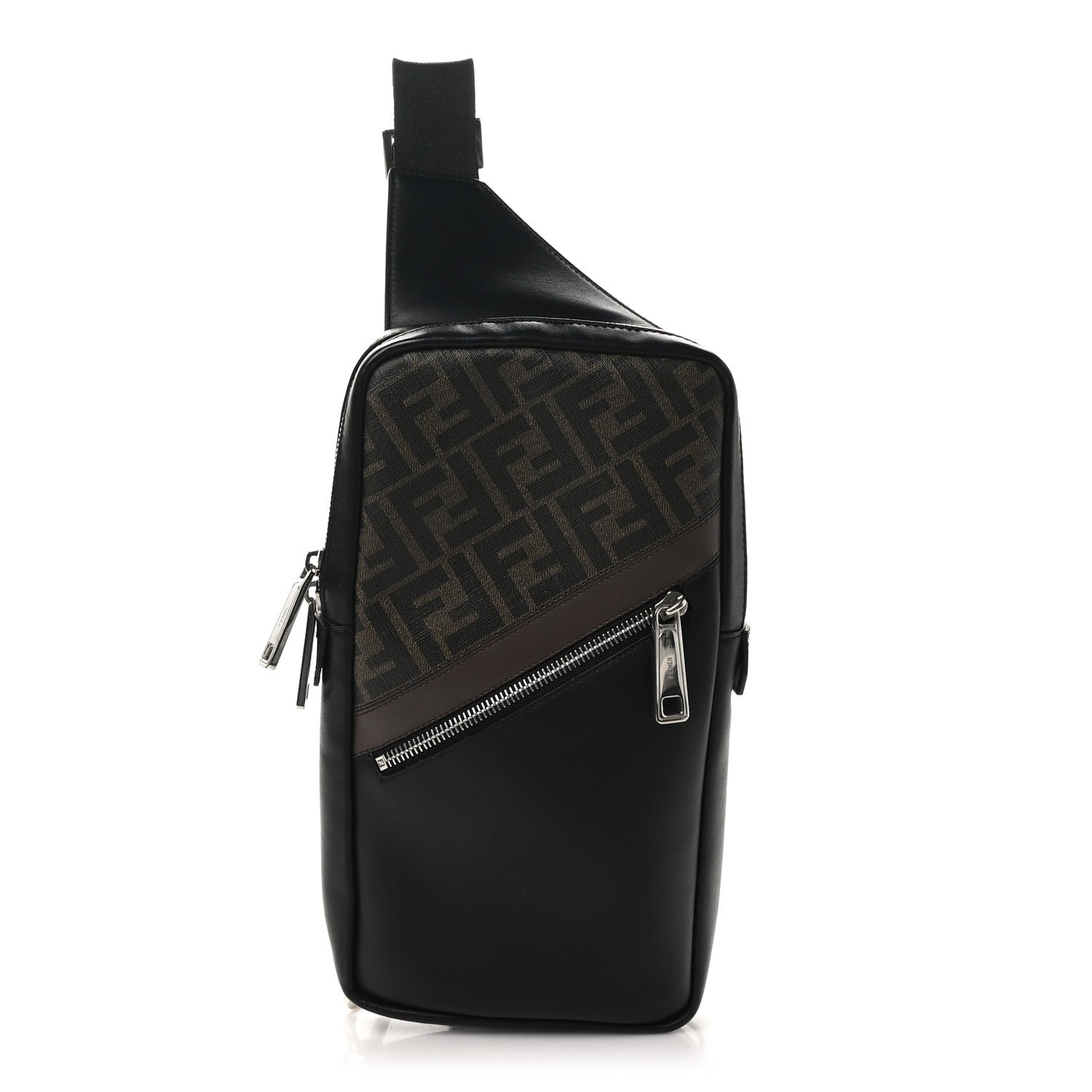 Fendi Glazed Fabric Vitello Liberty FF 1974 Diagonal Sling Bag Tobacco Moresco Black 1 of 12