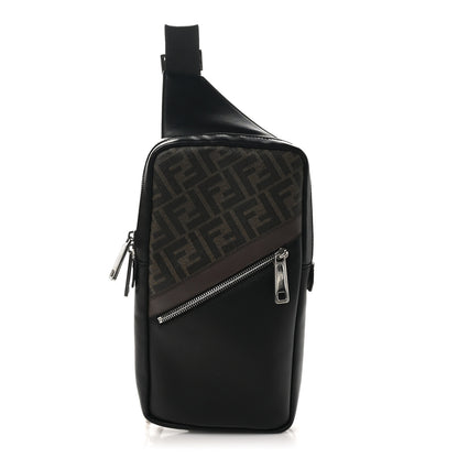 Fendi Glazed Fabric Vitello Liberty FF 1974 Diagonal Sling Bag Tobacco Moresco Black 1 of 12