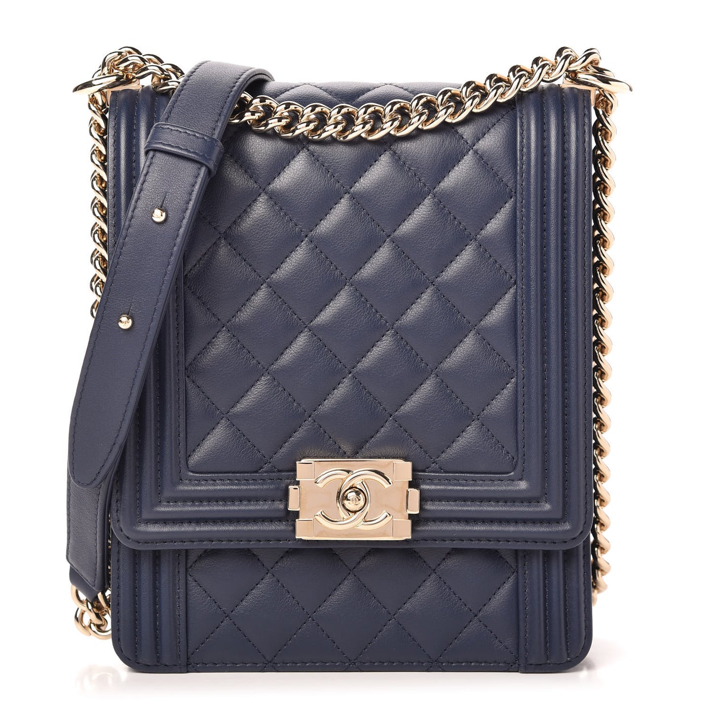 Calfskin Quilted North South Boy Flap Navy