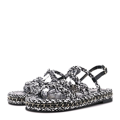Chanel Cord Lambskin Quilted Logo Sandals 38 Black White 3 of 8