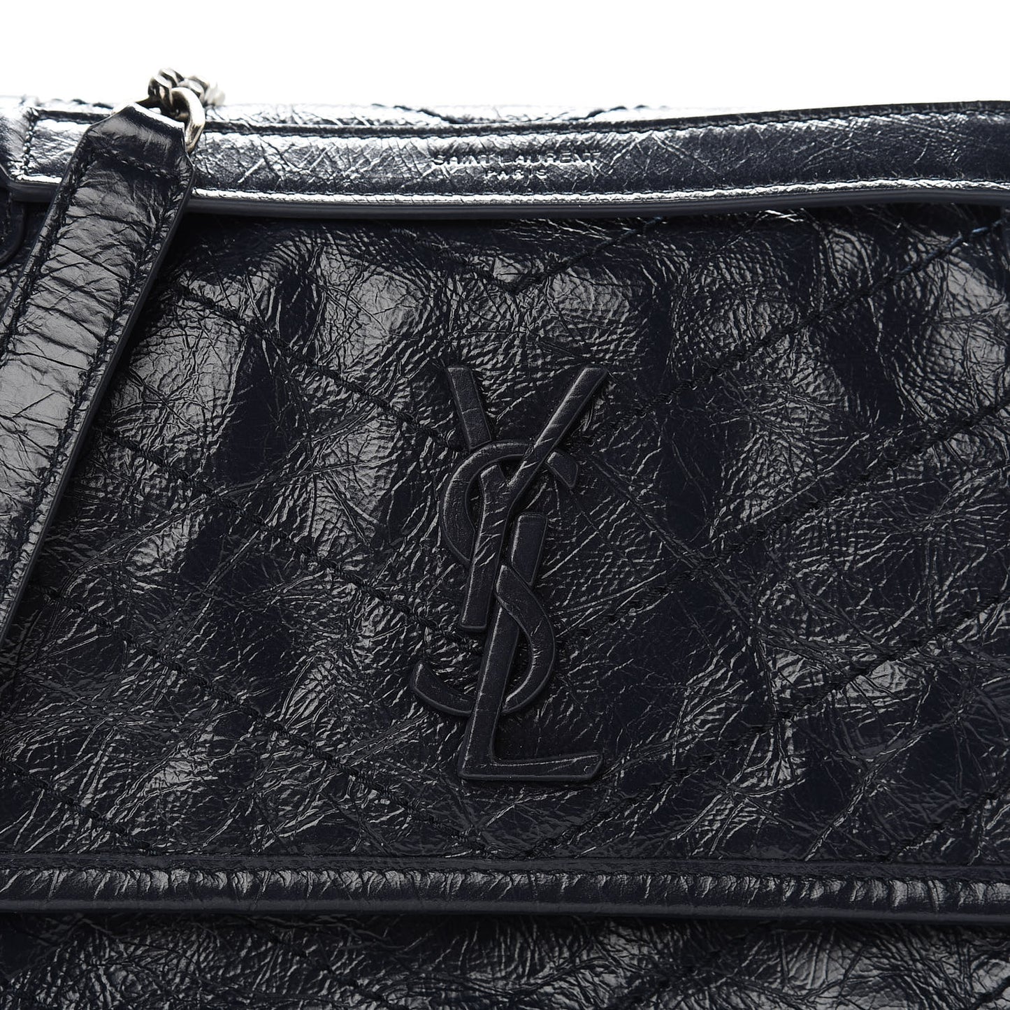 Crinkled Calfskin Matelasse Monogram Baby Niki Chain Satchel Navy