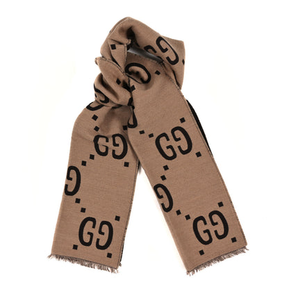 Gucci Wool Silk Monogram Jumbo GG Freedom Scarf Dark Brown Beige 1 of 3