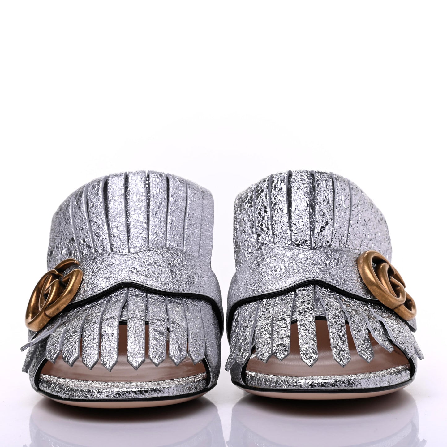Galassia GG Marmont Fringe 75mm Slide Sandals 38.5 Argento