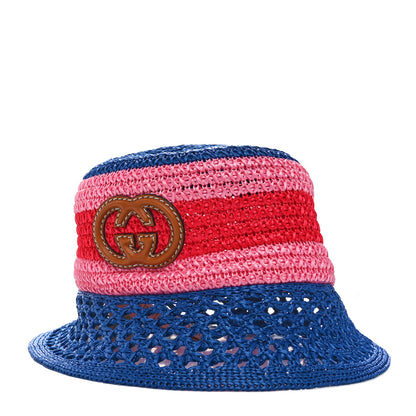 Gucci Raffia Effect Web Interlocking G Bucket Hat M Blue Multicolor 1 of 9