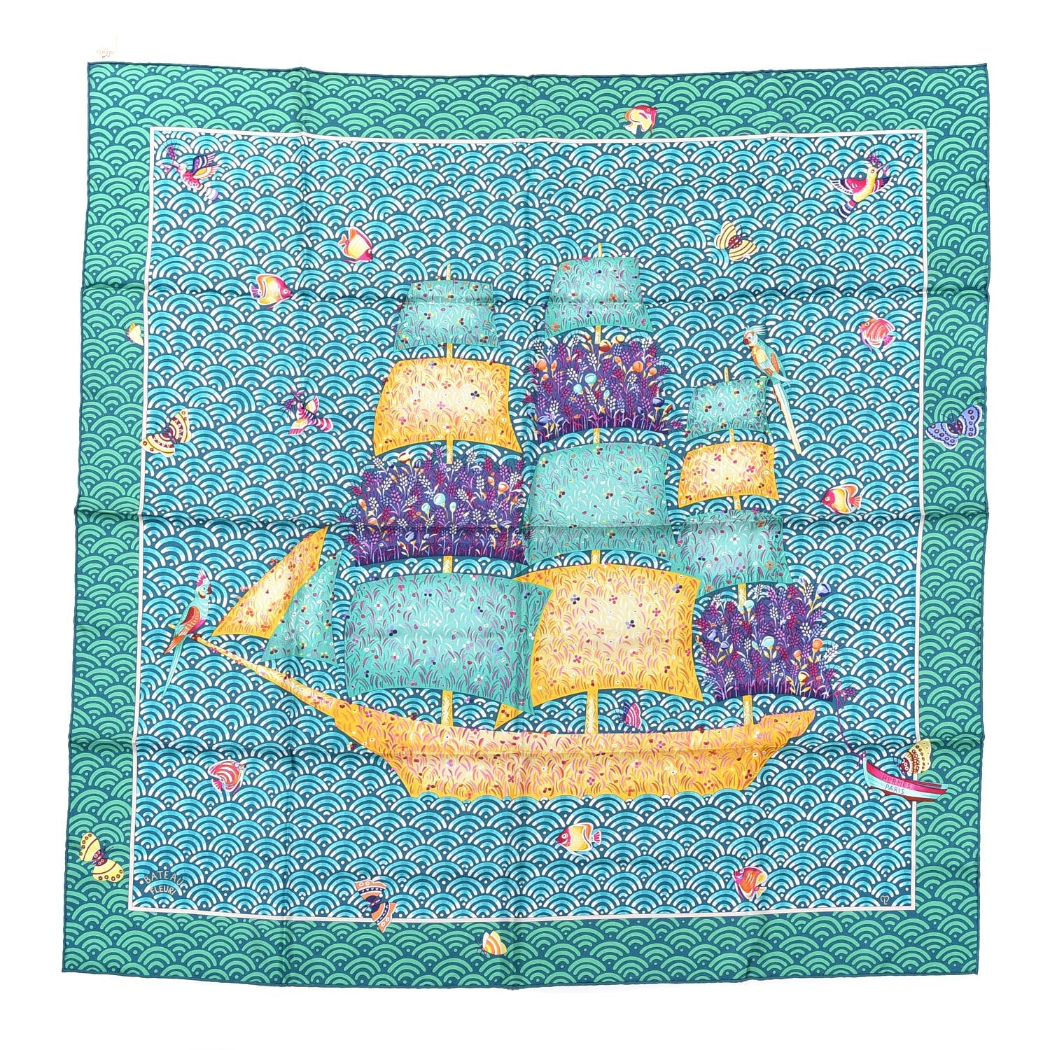 Hermes Silk Bateau Fleuri Scarf 90 Vert Canard Jaune 1 of 6