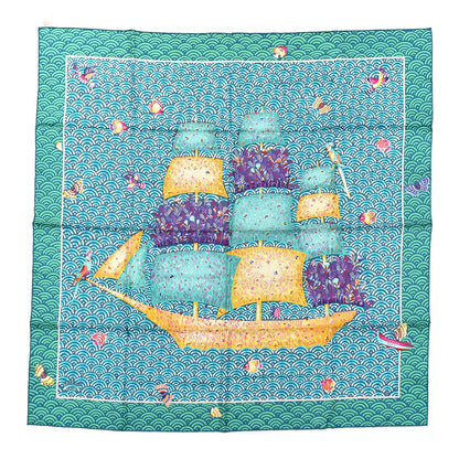 Hermes Silk Bateau Fleuri Scarf 90 Vert Canard Jaune 1 of 6